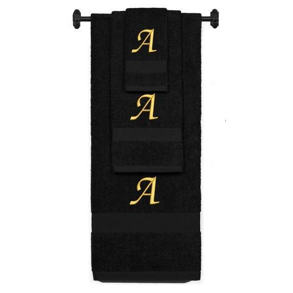 Custom Embroidered Terry Cotton Ring Spun Bath Towel, Hand Towel And Washcloth Set - Black Towel Set, Gold Chancery Initial A