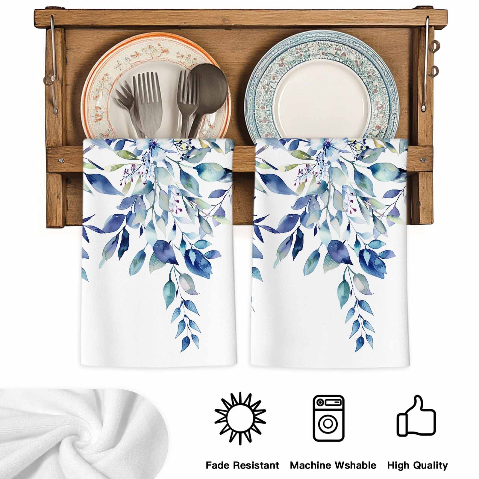 Blue Teal Eucalyptus Leaves Kitchen Towels Set of 2, Watercolor Weeping Botanical Soft Microfiber Dish Towels, Absorbent Washable Dishcloths for Kitchen Cleaning, Drying Dishes, 18x28 Inches