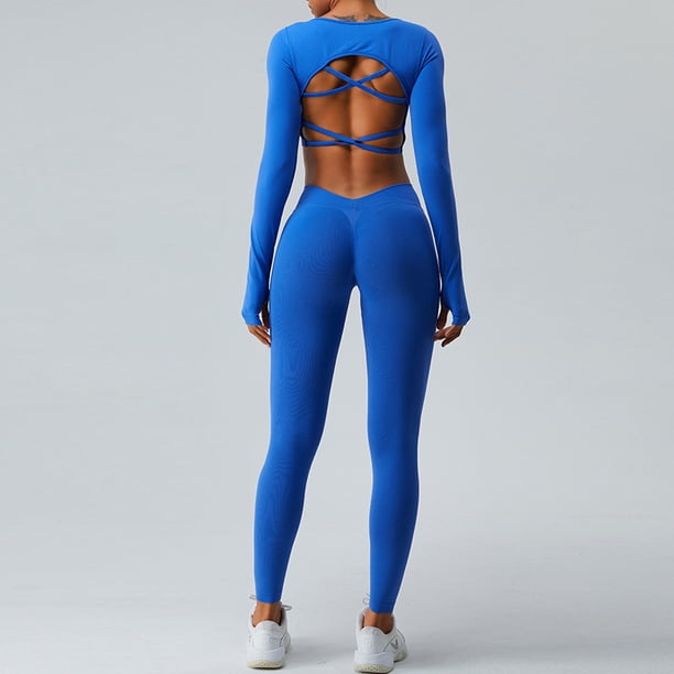 Traje de yoga de manga larga de otoño e invierno para mujer, pantalones de yoga con espalda cruzada sexy sin costuras y levantamiento de cadera de melocotón