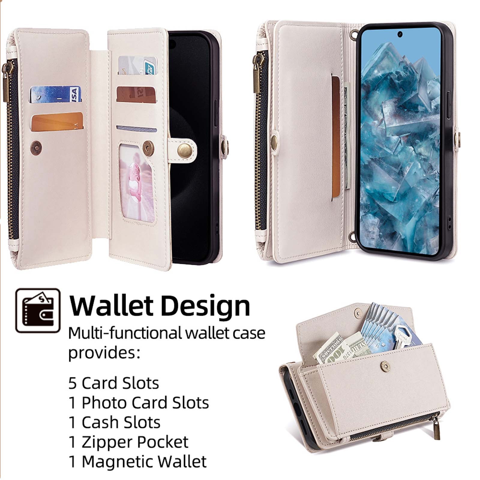Compatible with Google Pixel 9 / 9 Pro Crossbody Wallet Case,Flip Folding Kickstand,With Card Slots,Long Strap&Short Strap,Zipper Pocket,Shockproof Heavy Duty PU Leather Phone Case,White
