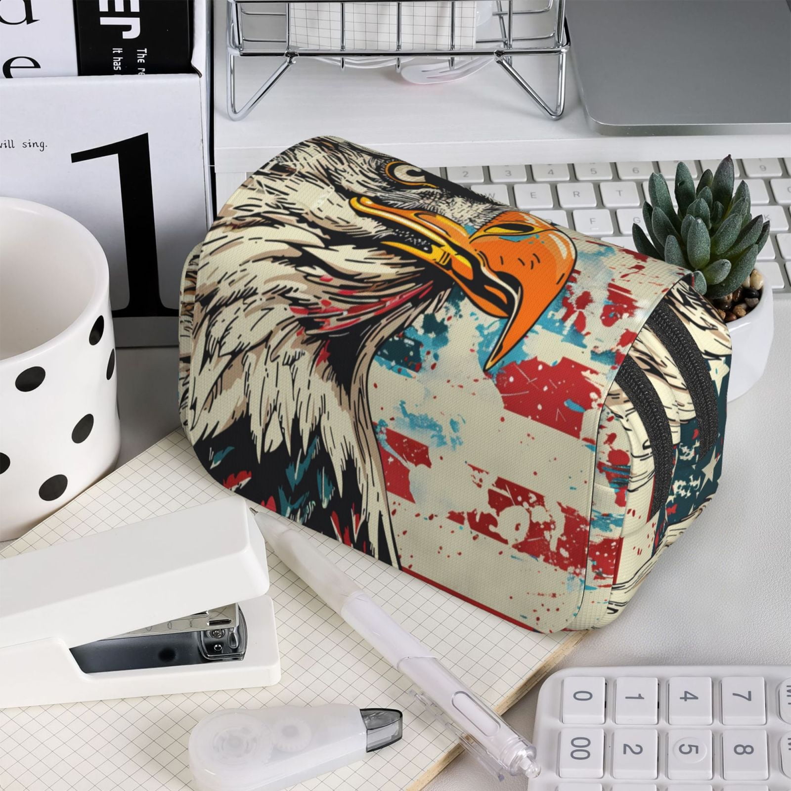 Rateoe Retro American Eagle Pattern Double Clamshell Pen Case, Storage Organizer with Two Zipper Compartments– Holds Up to 50 Pencils & Pens