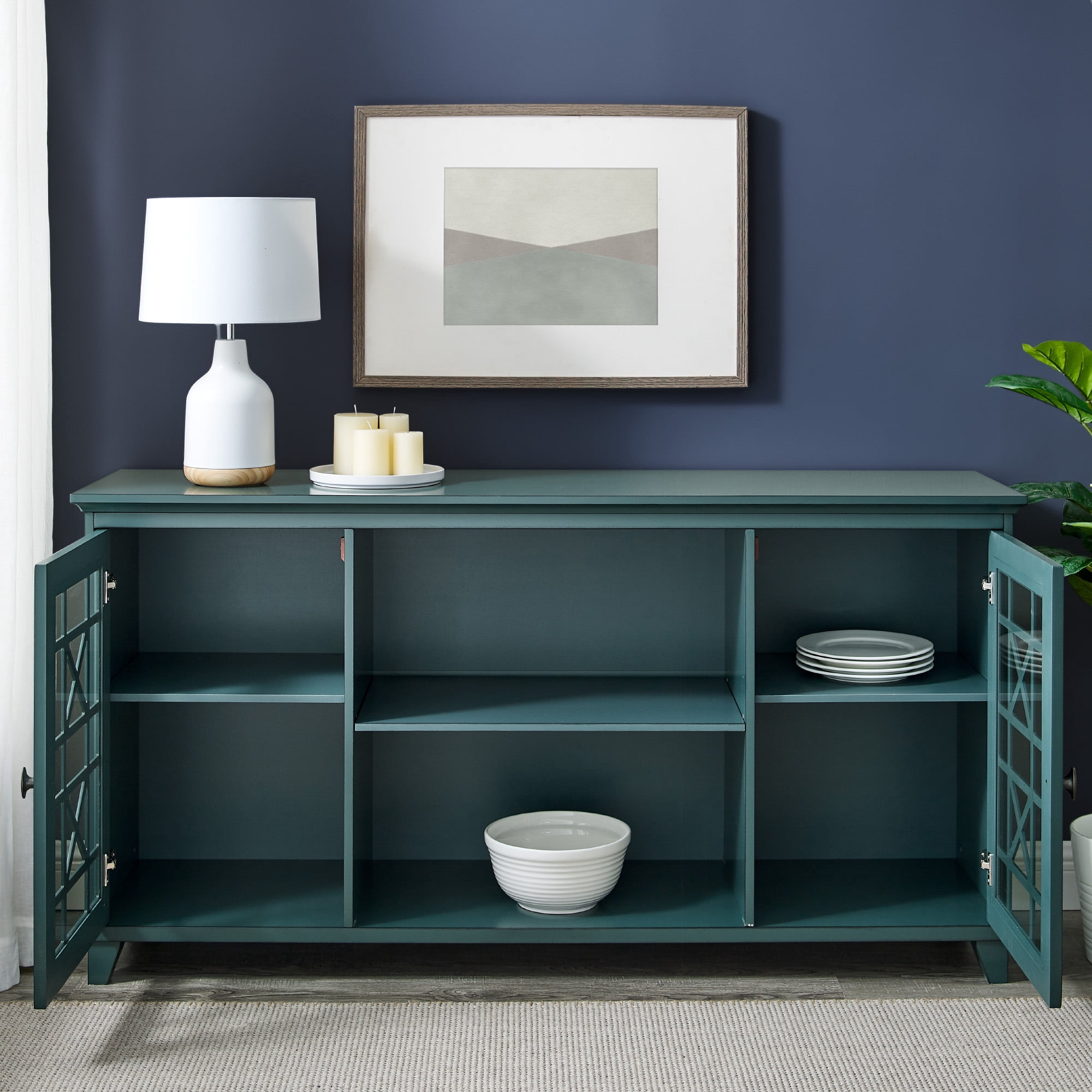 Manor Park 60" Transitional 2 Fretwork Door TV Stand, Antique Dark Teal