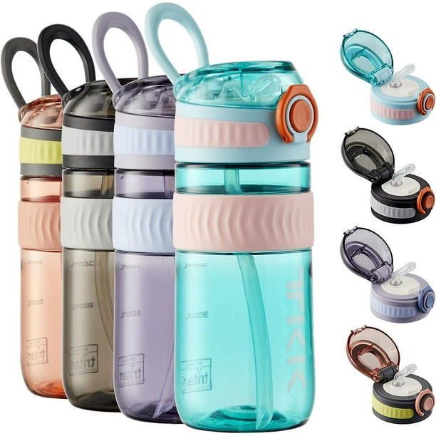 Botellas de agua para niños de 18 oz con tapa de paja y asa de transporte, botella de agua a prueba de fugas sin Bpa con botón pop para la escuela, verde azulado