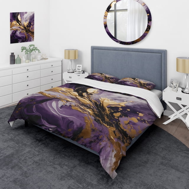 Designart "Liquid Magic in Purple and Gold II" Abstract Bedding Covert Set - Modern Purple Transitional Bed Set With 2 Shams