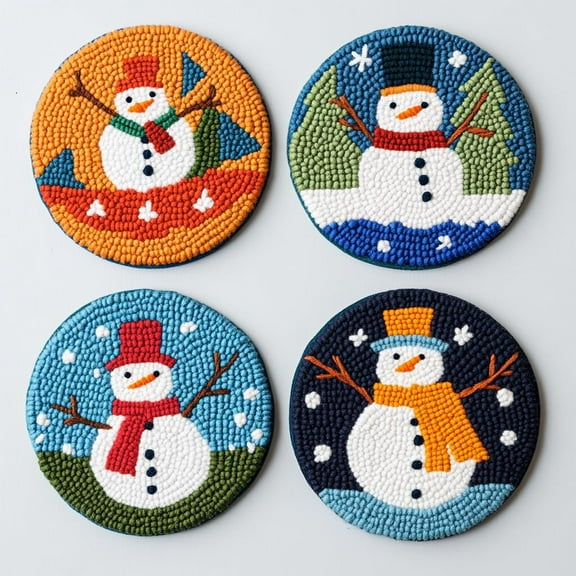 4 Set DIY Punch Needle Coaster Kits Christmas Tree and Snowman Easy for Beginners with Adhesive Felt Hoop Punch Needle Embroidery Starter Set with Pattern for Drink Cups Mat Home Decor-5
