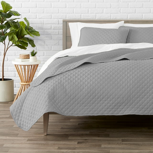 Bare Home Quilt Set - 2 Piece - Diamond Stitched Bedspread Coverlet - Twin/Twin XL, Light Gray