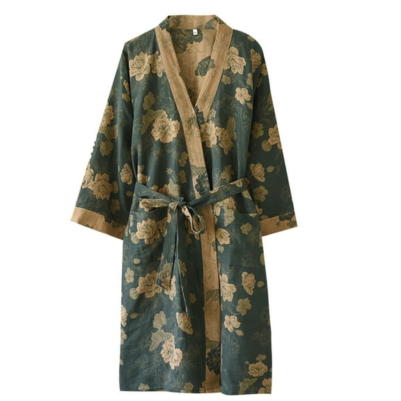Yarn-dyed Cotton Jacquard Elegant Kimono Robe Traditional Loose Yukata Bathrobe Mid-Length Loungewear for Women 165/88A/L(Dark Green)