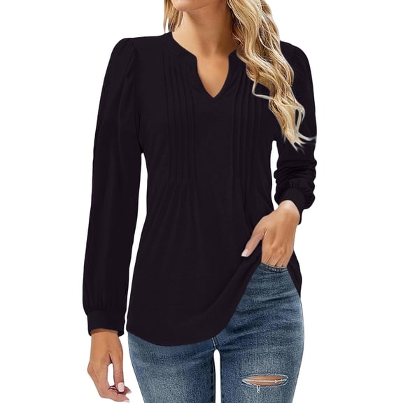 Breezora Flowy V Neck Pleated Tops for Women Puff Sleeve Printed Blouse Long Sleeve Shirt L Size Black