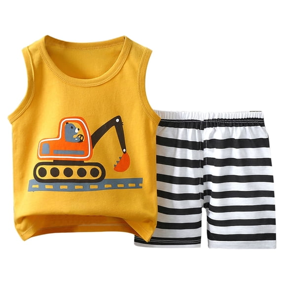 Gerichy Toddler Baby Boy Clothes Cartoon Car Print Sleeveless Vest T-Shirts Boy Stripe Shorts Cute Boy Outfit Summer Clothing Set