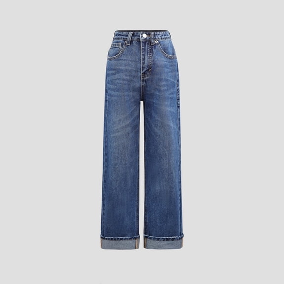 Kids High Waist Straight Leg Jeans, Dark Blue Denim Pants with Rolled Cuffs Blue 120