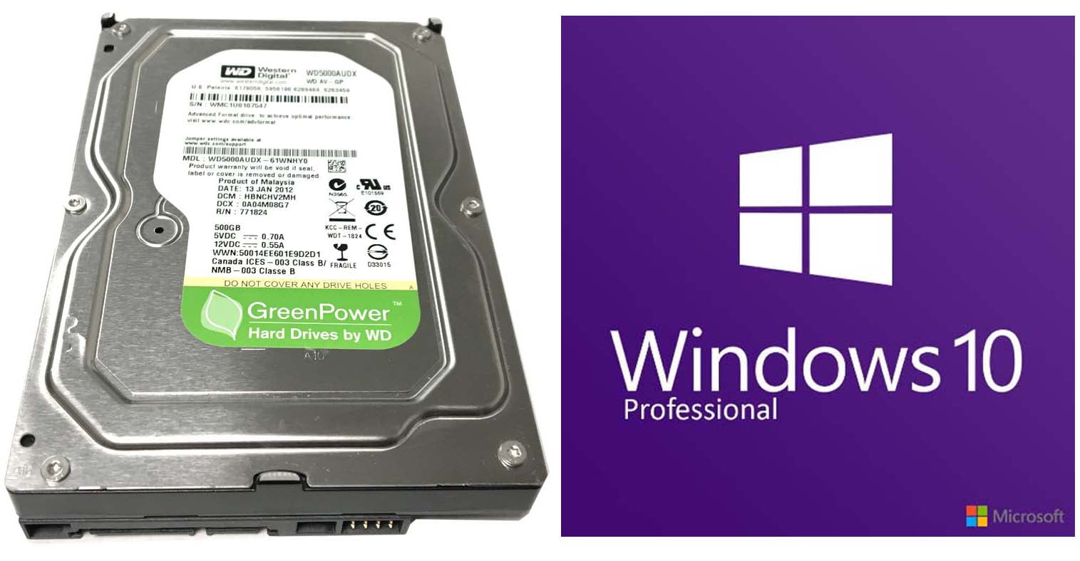 Microsoft Windows 10 Professional 64 bit DVD Software &amp; Refurbished Western Digital 500 Gig SATA III Hard Drive