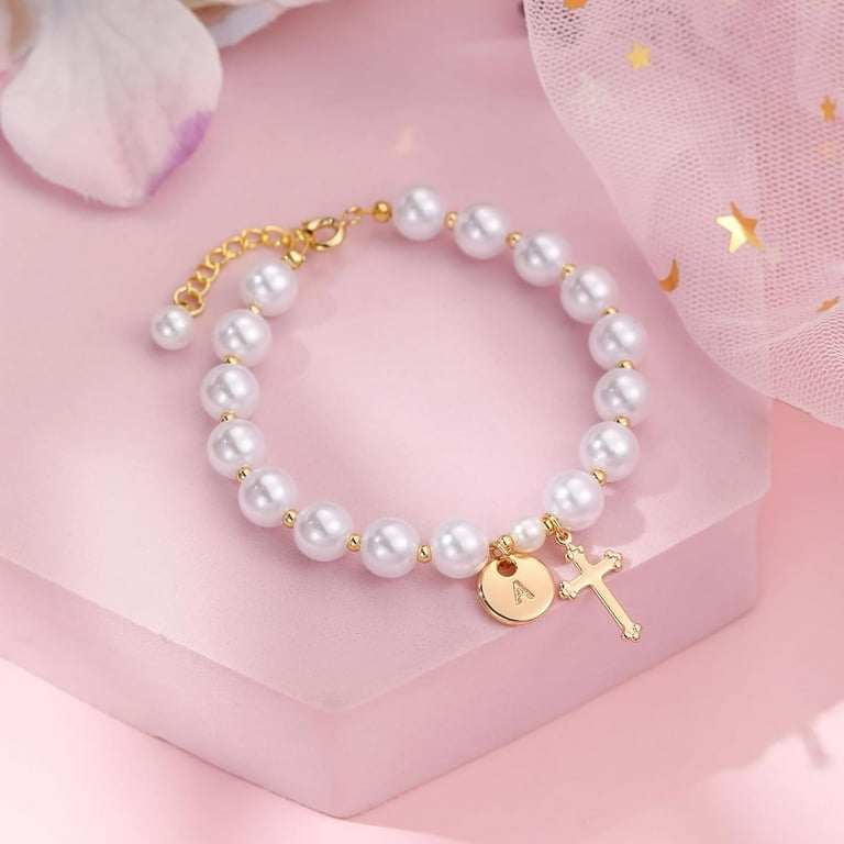 Miss Pink Initial First Holy Communion Bracelets Gifts for Girls Women Catholic First 1st Communion 14K Gold Plated Initial Pearl Cross Charm Bracelet Personalized 26 Alphabet for Goddaughter Niece Wa...