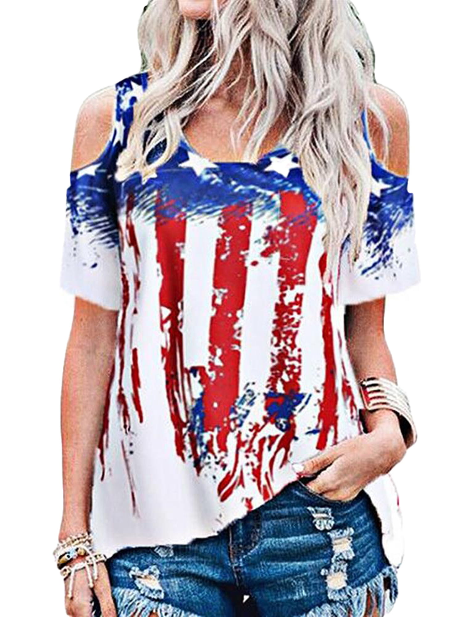 Makeupstore Womens American Flag T Shirt Blouse,Girls Cold Shoulder USA Flag Tee Shirts Stripe Stars Tops 