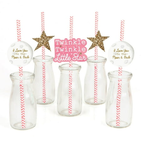 Decorative Computer Paper - Pink Twinkle Little Star - Paper Straw Decor - Baby Shower or Birthday Party Striped Decorative Straws - Set of
