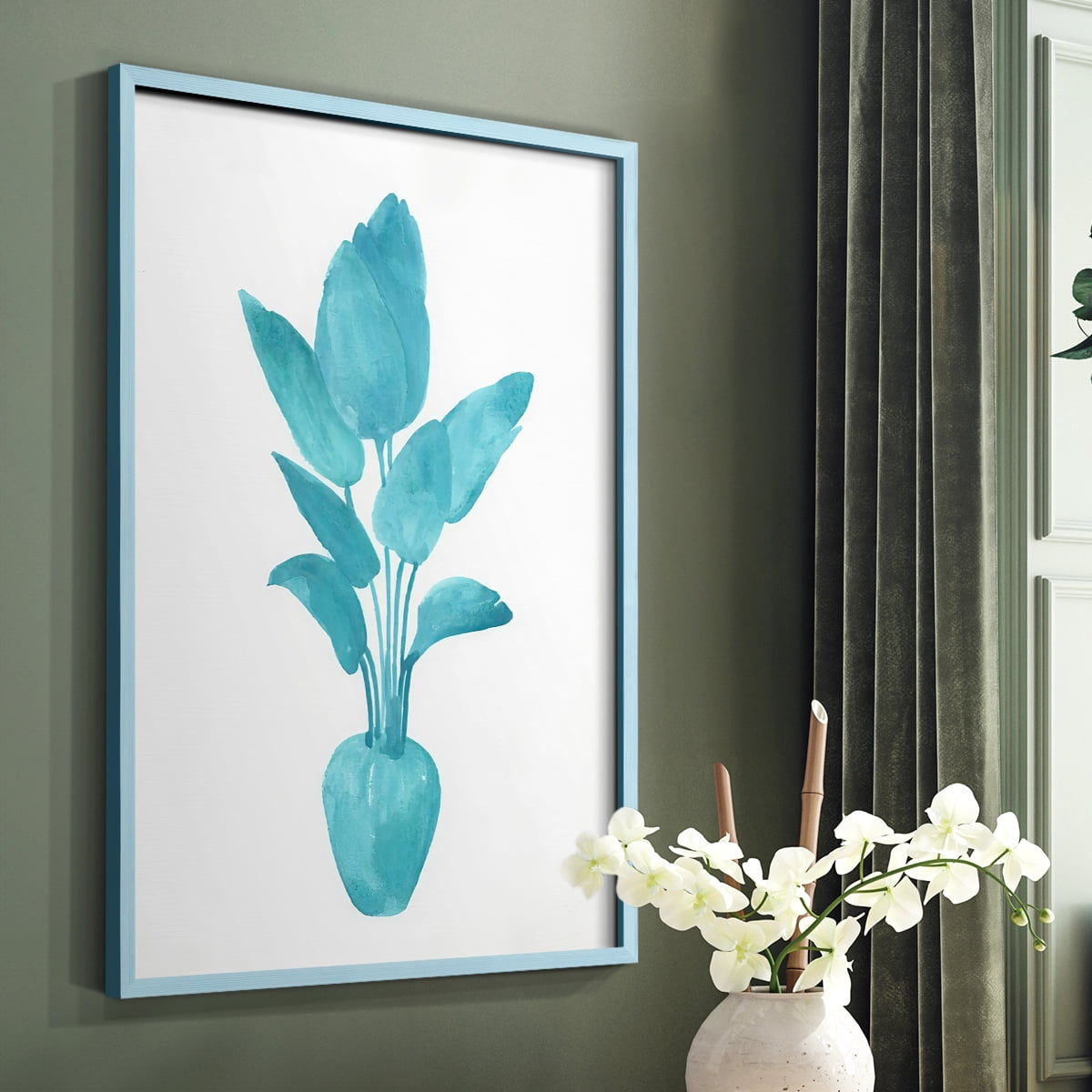 Watercolor House Plant II Framed Print in Blue Solid Wood 8 x 10 Framed Print