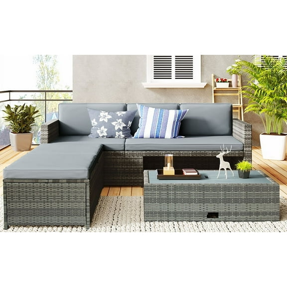 MOBICIA 4 Piece Outdoor Backyard Patio Rattan Sofa Set, All-Weather PE Wicker Sectional Furniture Set with Retractable Table, Grey