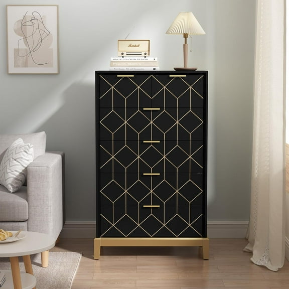 HLR 6 Drawer Dresser for Bedroom,Modern Wood Chest of Drawers with Gold Trim, Tall Dresser Storage Tower, Large Capacity Organizer Unit for Closet, Living Room, Hallway, Entryway,Black