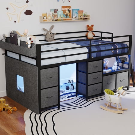 DRNANLIT Low Loft Bed Twin Size with 7 Storage Drawers, Bookcase and LED Lights, 14" H Safety Guardrail,Inclined Ladder and Play Curtain, Under-Bed Play Space, Black