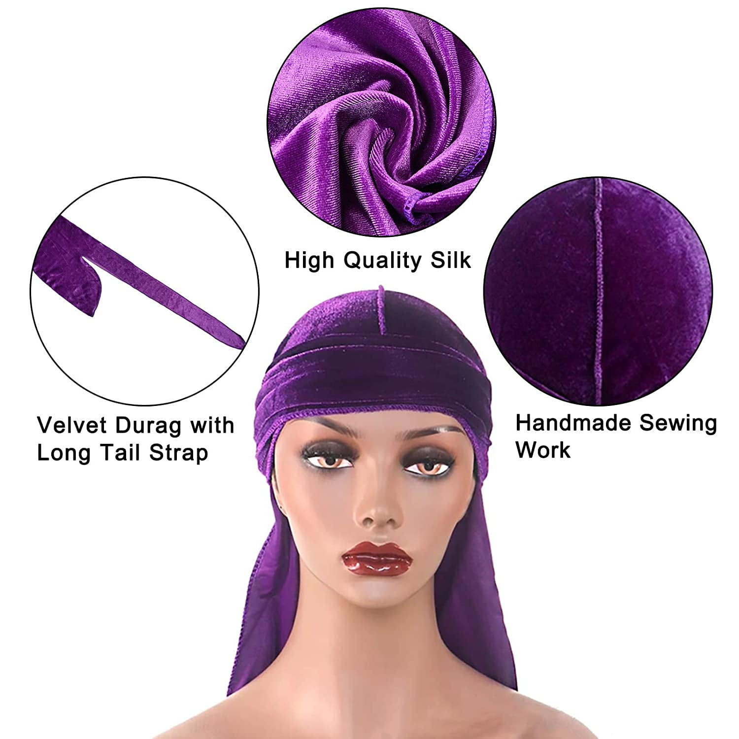 New Unisex Velvet Durag Waves Extra Long Tail and Wide Straps for Du-RAG  Make middle stitch on outside Hair Accessories