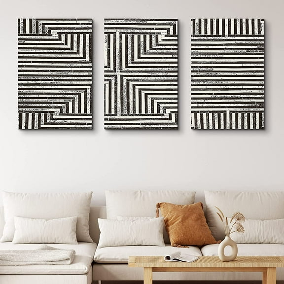 PixonSign Canvas Print Wall Art Set Cross Shaped Line Pattern Geometric Shapes Illustrations Modern Art Contemporary Edgy Dark Black and White for Living Room, Bedroom, Office - 24"x36"x3