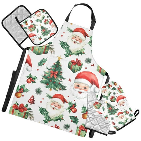 Ryvnso Vintage Santa Claus Trees Kitchen Apron Oven Mitts Set Pot Holders