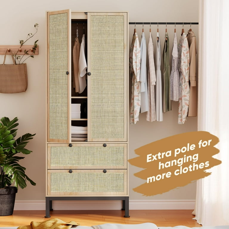 Brafab Natural Rattan Armoire Wardrobe Closet with 2 Doors Large Armoire Storage Cabinet with 2 Drawers and 2 Hanging Rods Wooden Bedroom Armoires