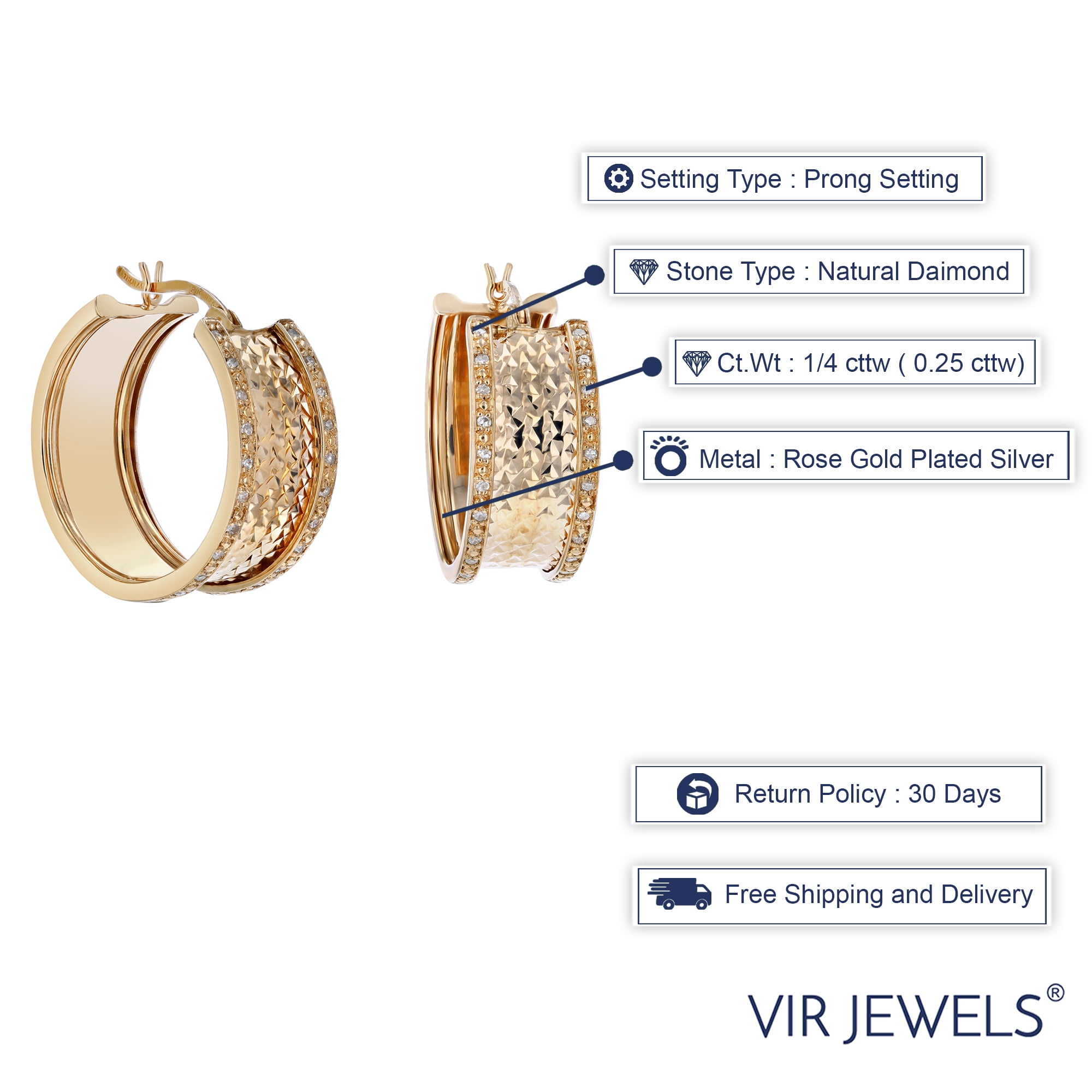 Vir Jewels 1/4 CTTW Diamond Hoop Earrings Rose Gold Plated over .925 Silver 1 Inch Design Female