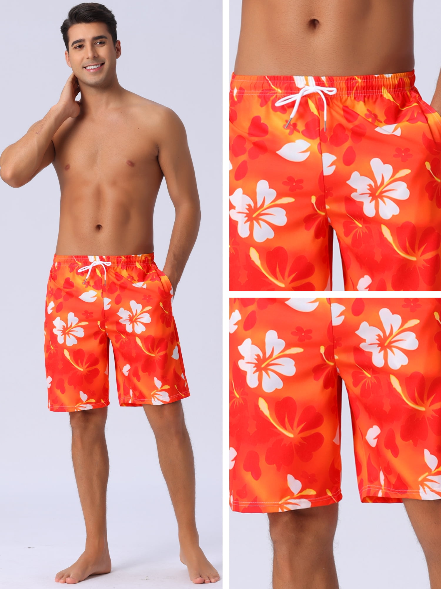 DARING DIVA Men's Floral Print Elastic Waist Drawstring Hawaiian Beach Swim Shorts 30 Red