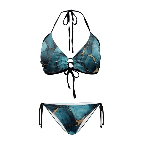 Uourmeti Teal Gold Marble Halter Triangle Bikini Set - Sexy Tie Side Two Piece Swimsuit with Cutout Design for Beach Vacation & Pool Days