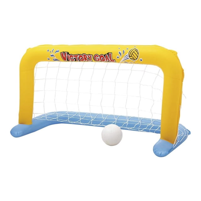 Portería inflable para piscina BestWay Water Polo de 1.30 m x 60 cm x 72 cm con estructura amarilla y base azul, red blanca de nylon y balón blanco, fabricada en vinil resistente para deportes acuáticos en albercas, ideal para juegos y competencias.