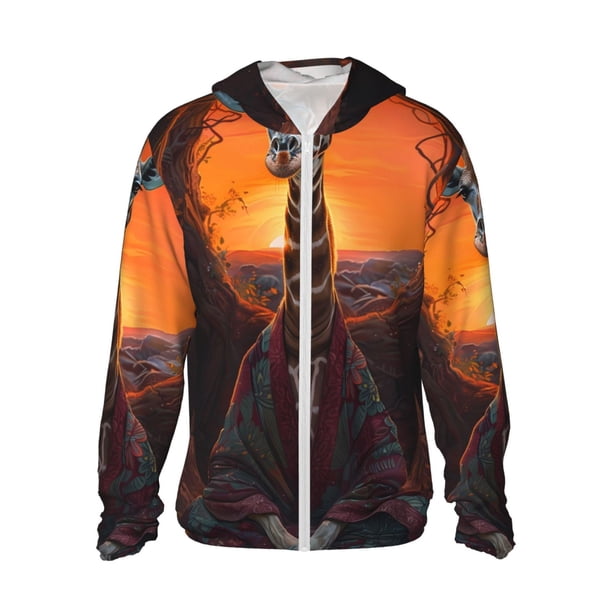 Fotbe Tree Hollow Meditating Giraffe Chaqueta con Protección Solar UPF 50+ para Hombre y Mujer, Camisa con Capucha y Bolsillos-XX-Large
