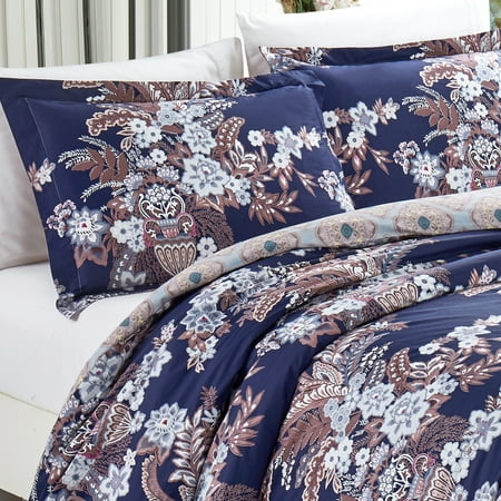 Green Floral Comforter California Design Den Enchanted Down Alternative Comforter Cotton Navy, Full/Queen 3 Piece ()