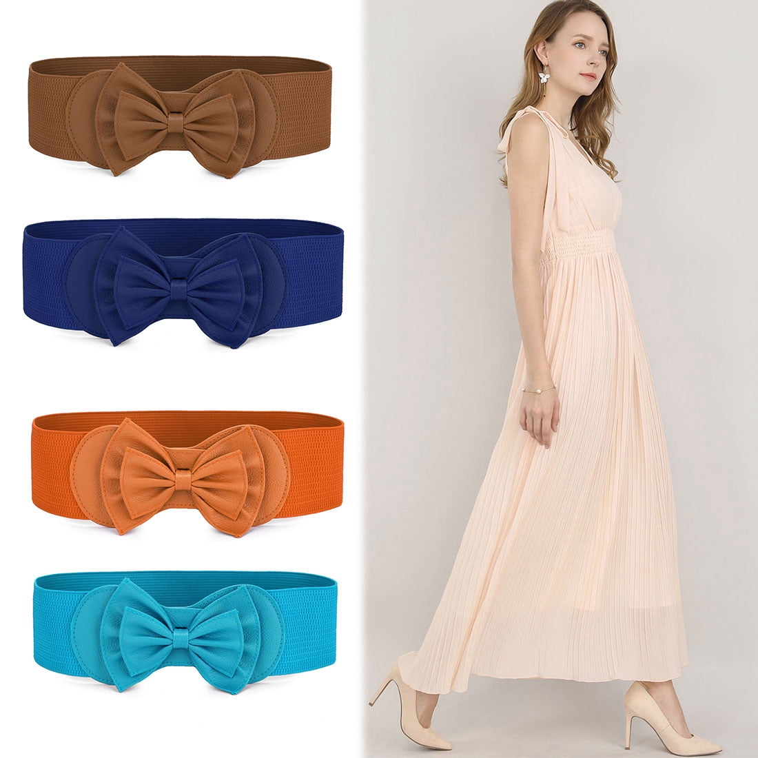 Women Bowtie Ornament Press Stud Button Elastic Waist Belt