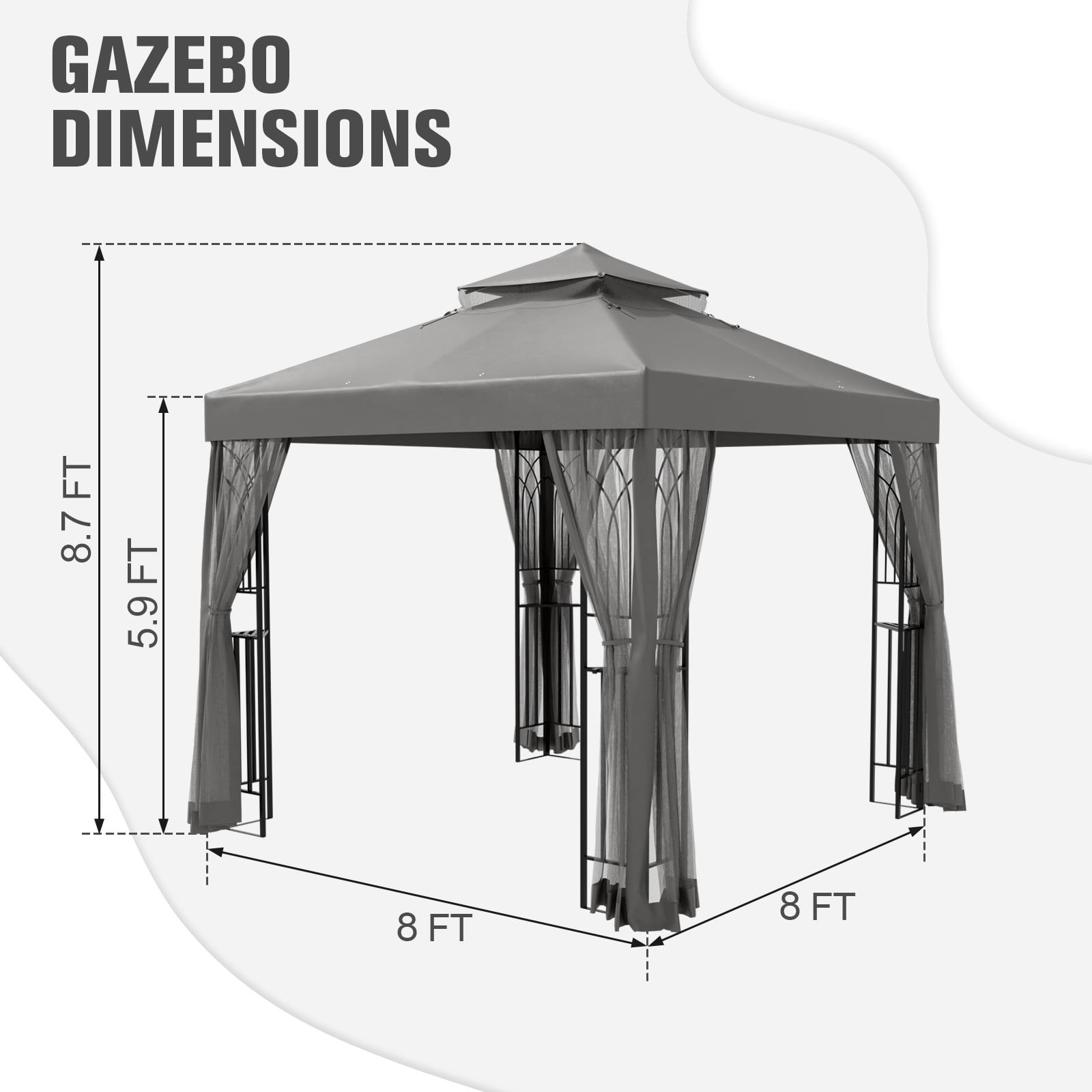 COOS BAY 8 ft. W x 8 ft. D Gray Outdoor Patio Soft Vented Top Gazebo with Zipped Netting, Corner Shelves, Ceiling Hook
