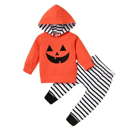 

Halloween Outfit Toddler Baby Boys Halloween Hoodie Clothes Pumpkin Face Print Sweatshirt Stripe Pants Halloween Set