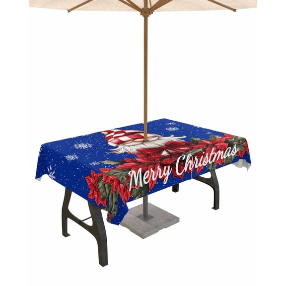 Fsddascl Blue Gnomes Christmas Outdoor Tablecloth - 60x102 Inch Rectangle Dining Table Cover, Snowflake Xmas Poinsettia Waterproof Outdoor Table Cloth with Umbrella Hole & Zipper for Picnic/Patio