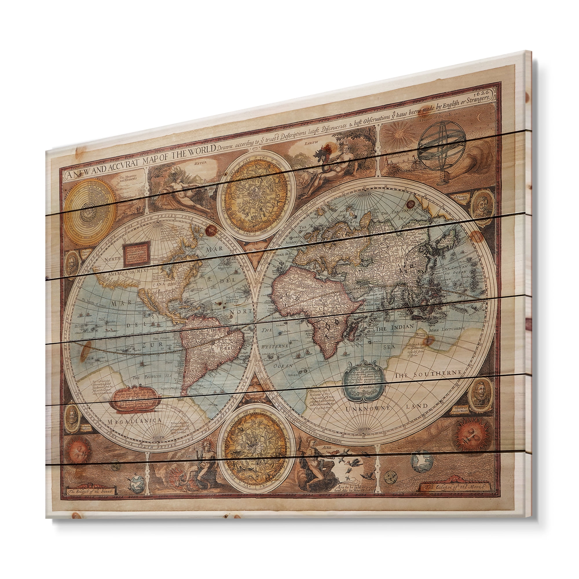 Designart 'Vintage Map of The World VIII' Vintage Print on Natural Pine Wood