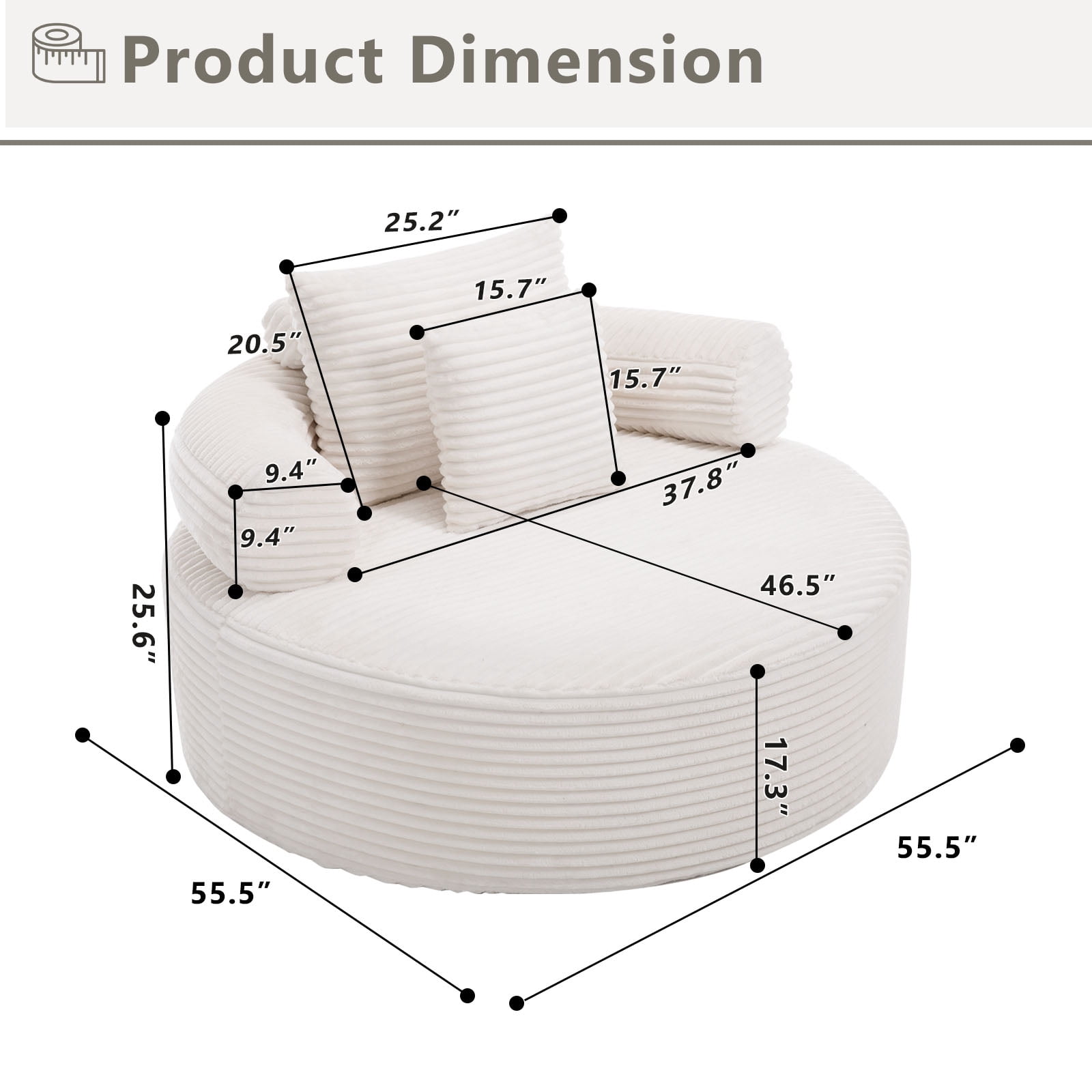 Miniyam 55.5" W Round Oversized Chaise Lounge Indoor, Modern Sleeper Sofa for Living Room, Cloud Couch with 3 Pillows, White
