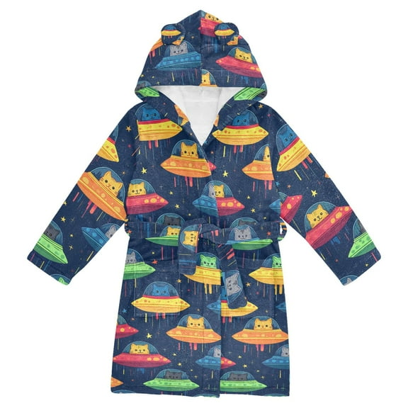 FORMRS Niños Bathrobe Unisex Hooded Robe Soft Plush Pajamas Sleepwear, Size 2-3T, Rainbow Space Cat
