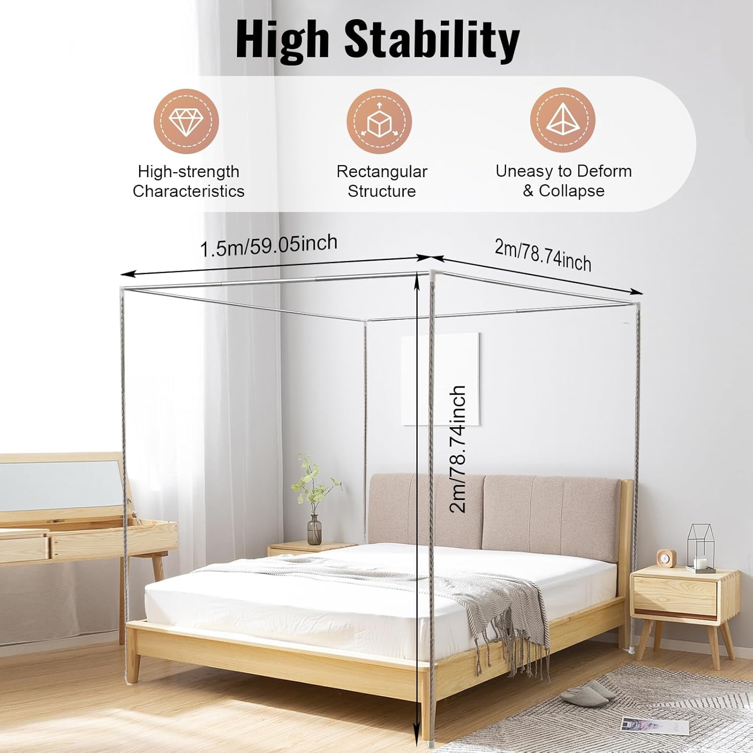 Metal Four Poster Canopy Bed Frame, Bed Post Poles 4 Corner Canopy, Stainless Steel Queen Size Canopy Bed Frame for Wood Bed Mosquito Curtains (4.92 * 6.56 * 6.56ft)