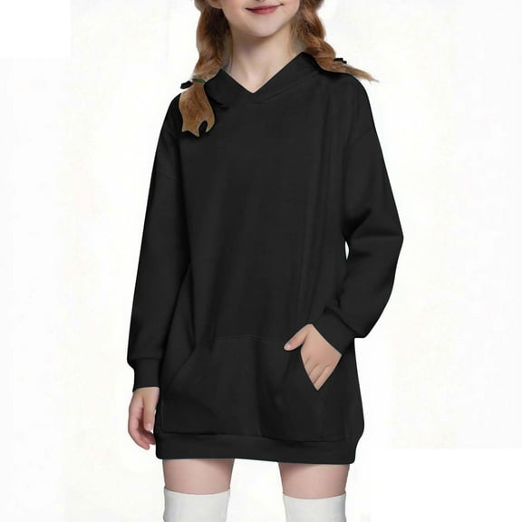 Girls Hoodie Dress Long Sleeve Solid Color Pullover Hooded Sweatshirts Tops Cute Fall Loungewear with Pockets Streetwear Boy Oversized Sweatshirts Hoodies Black 5Y