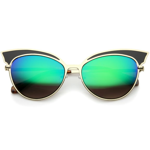 sunglassLA Unisex Womens Two-Tone Oversized Metal Mirrored Cat Eye Sunglasses (Black-Gold / Green Mirror) - 57mm