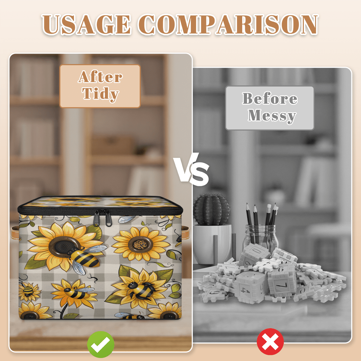 CURLYOOT Bee Fabric Storage Bins with Lids, Bee Floral Foldable Storage Boxes Washable Storage Cube, Closet Bedroom Home Organizer Containers with PU Leather Handles