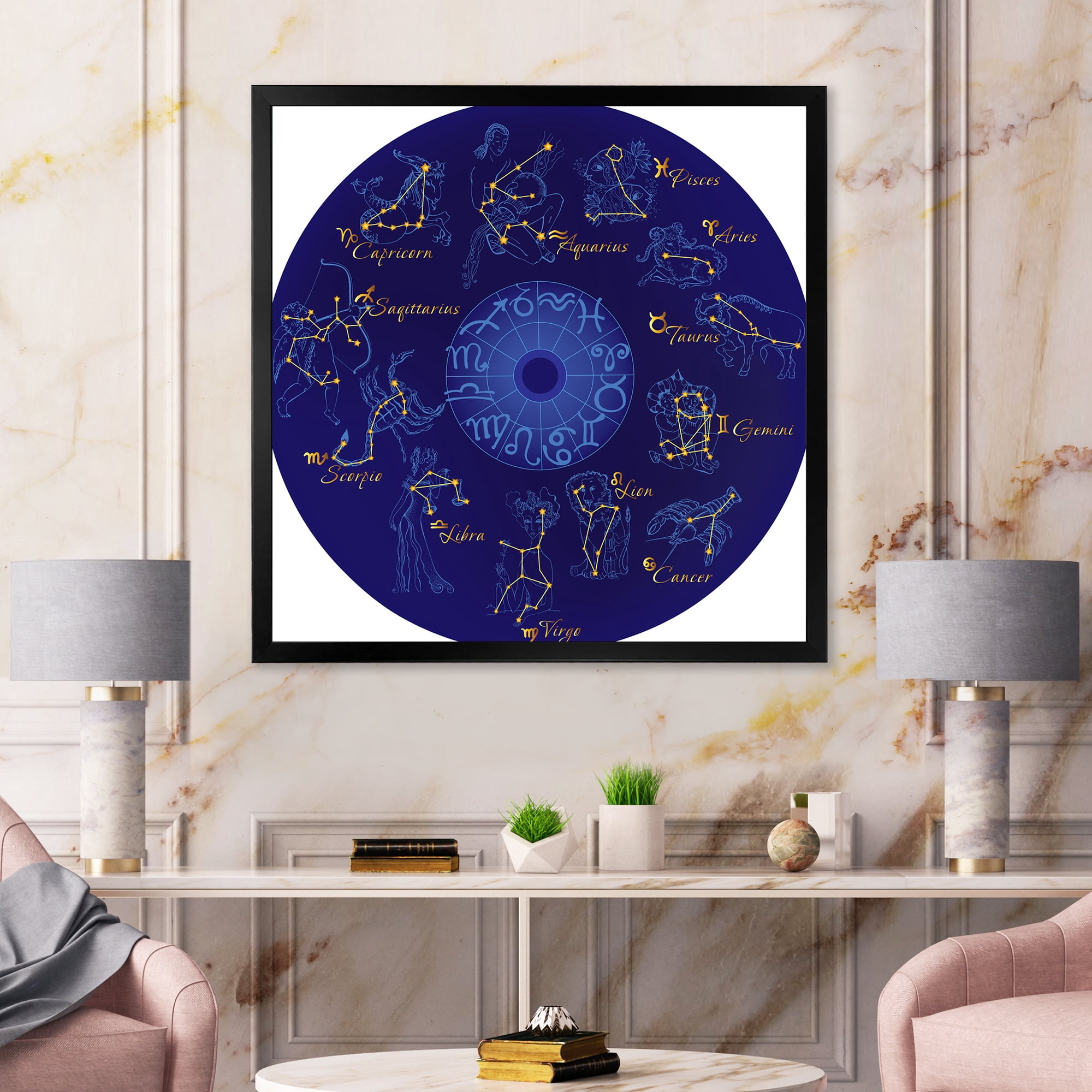Designart 'Zodiac Signs and Zodiac With Constellations' Modern Framed Art Print