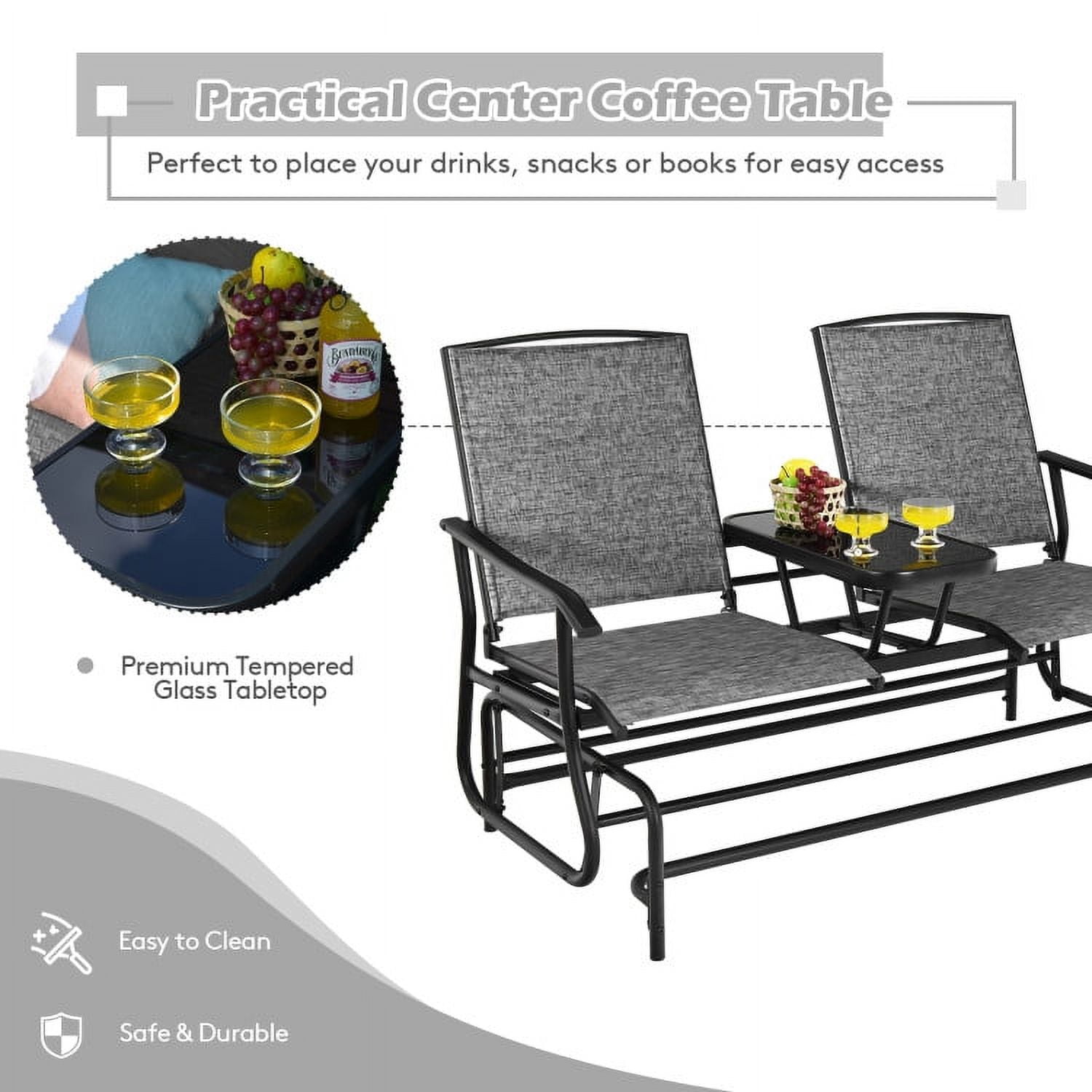 Aimee Lii Outdoor Patio Furniture Set, 2-Person Double Rocking Loveseat with Mesh Fabric and Center Tempered Glass Table, Gray