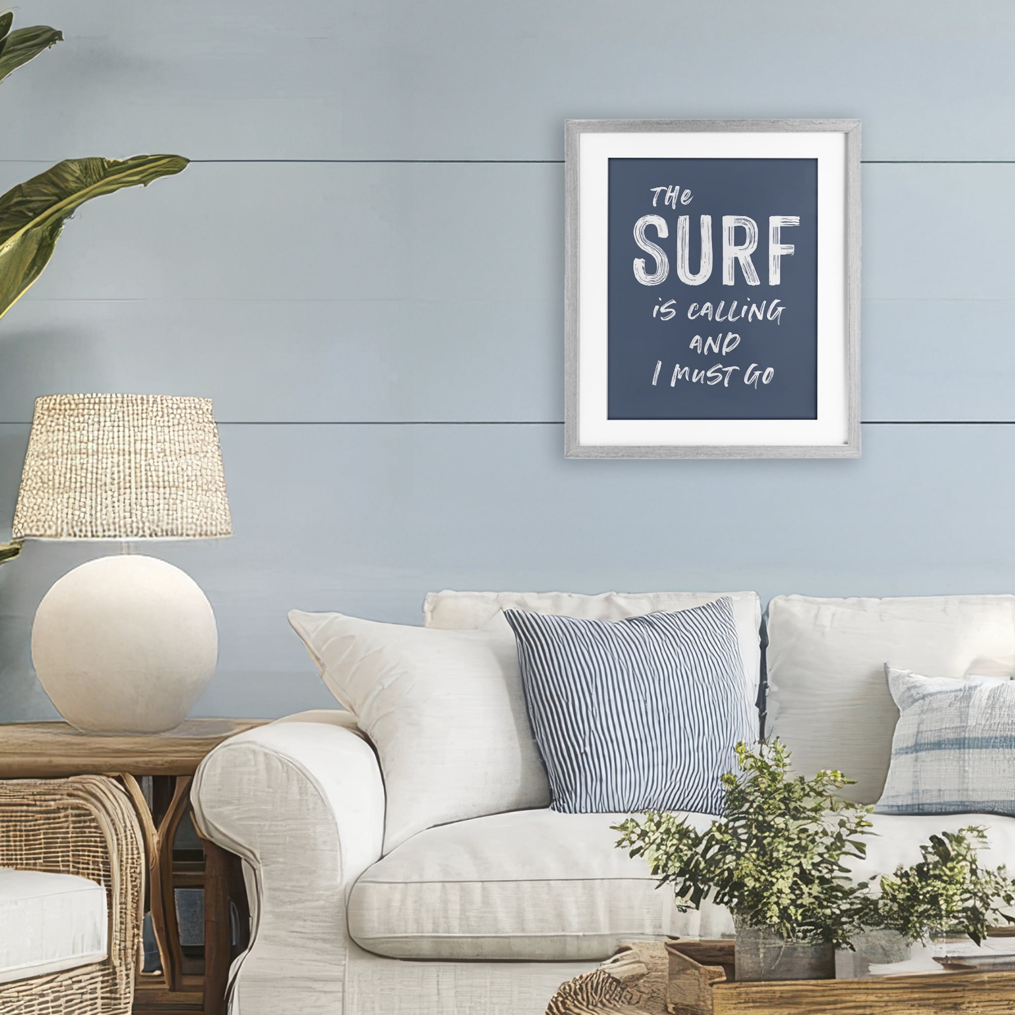 Surf Is Calling Must Go Gray Framed Print Under Glass, design by Lettered and Lined