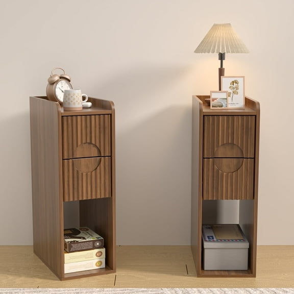 End Tables Set of 2, Small Side Table, Slim Side Table, Wood 2 Drawer Narrow Nightstand