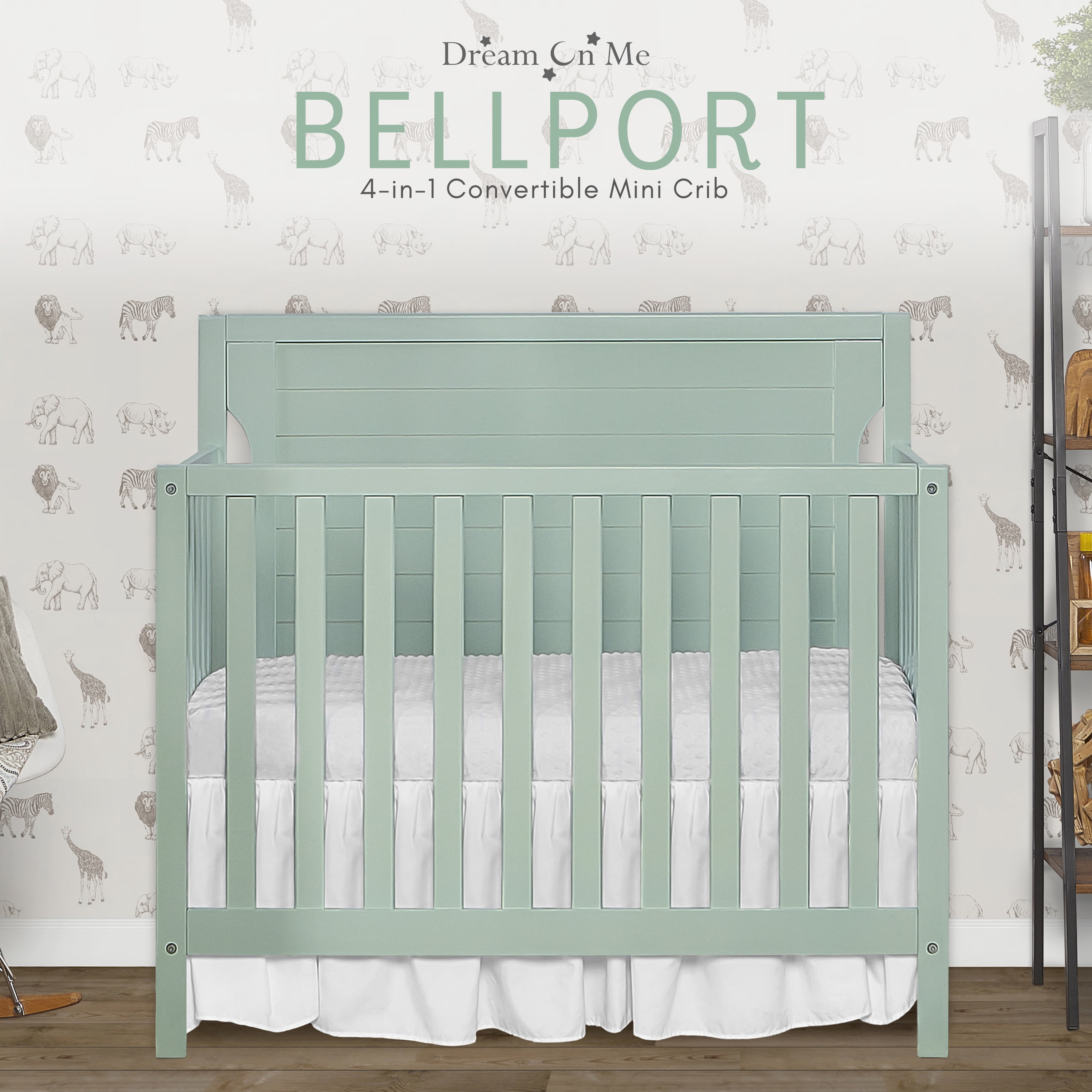 Dream On Me Bellport 4 in 1 Convertible Mini/Portable Crib in Light Seafoam Green, Non-Toxic Finish, Made of Sustainable New Zealand Pinewood, with 3 Mattress Height Settings
