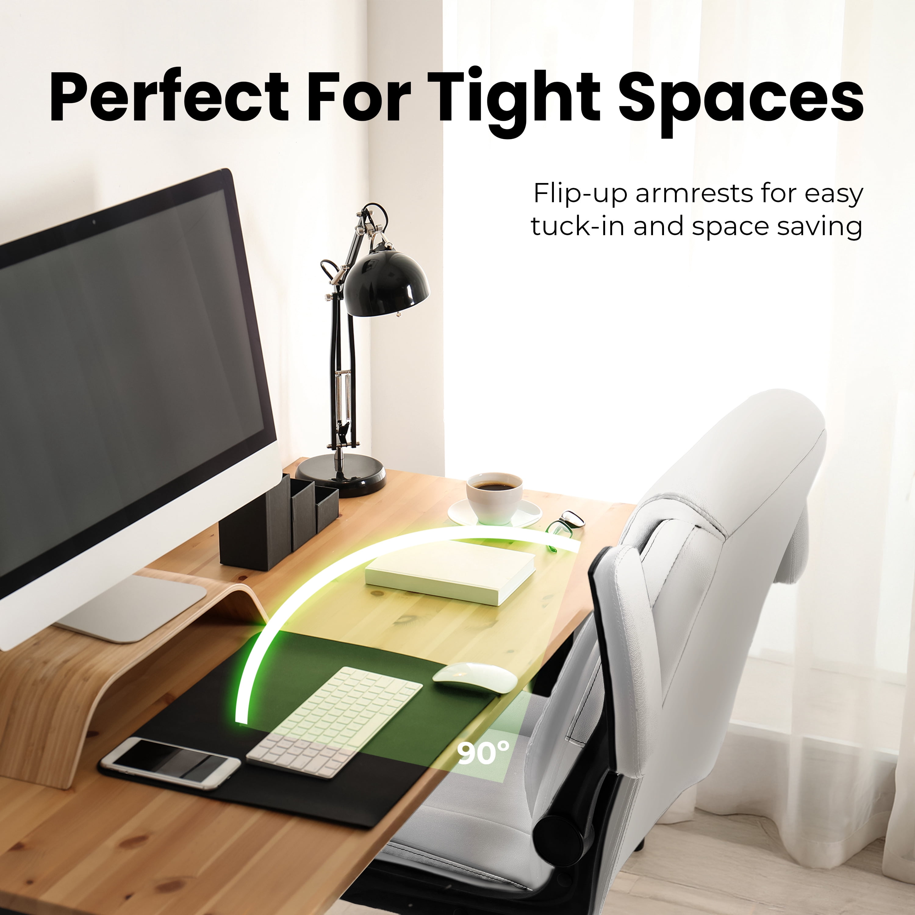 NEO CHAIR Desk Office Gaming Computer Chair Ergonomic Executive Mid-Back Leather with Adjustable Padded Flip-Up Armrests Cushion Wheels Swivel for Home Study Task (White)