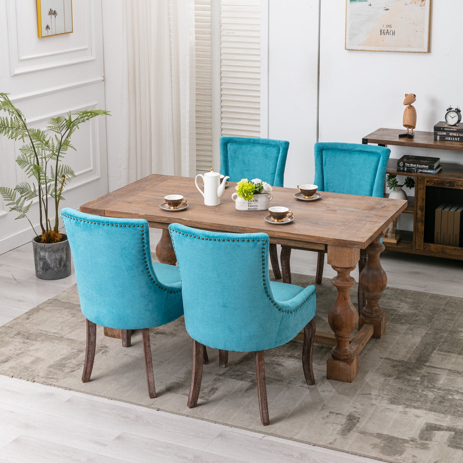 Dining Chairs Set of 2, LEGAHOME Blue Fabric Upholstered Dining Chairs, Mid-century Kitchen Chairs with High Back, Bronze Nail Head, Solid Wood Legs, Blue, 2 Pcs